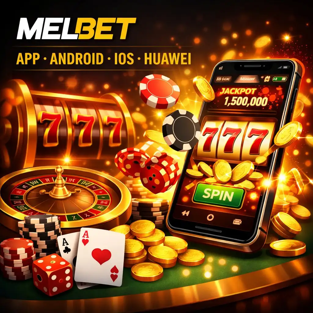 Melbet app movil smartphone dorado descarga fondo oscuro neon azul