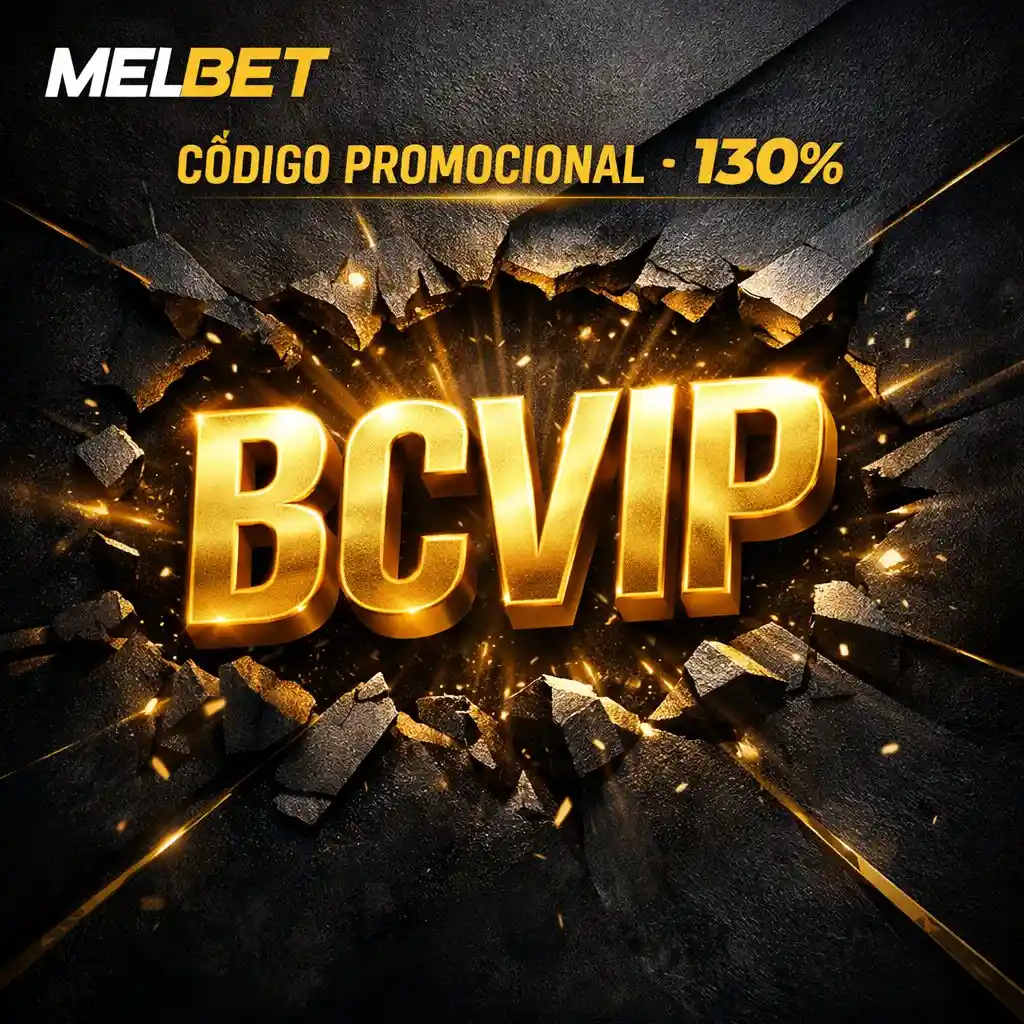 Melbet codigo promocional BCVIP texto dorado regalo caja negra neon