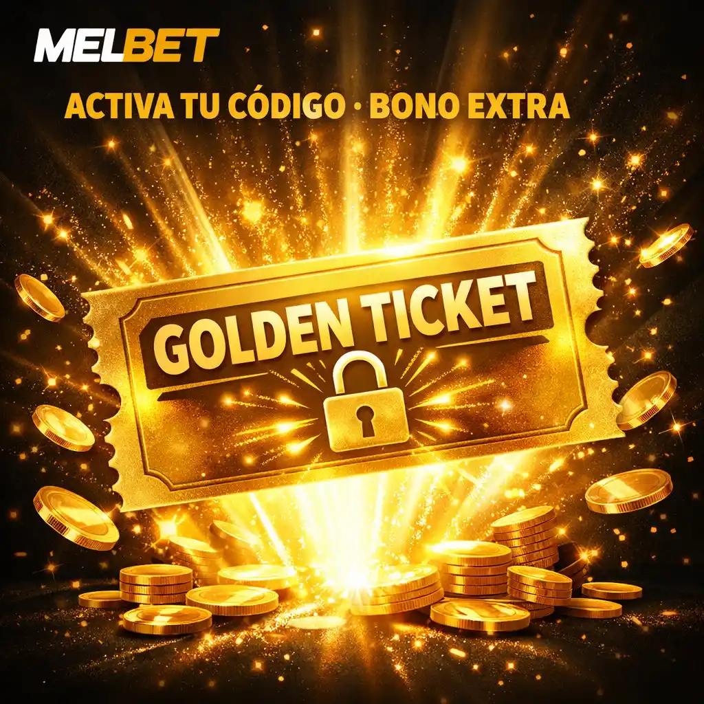 Melbet promo codigo dorado ticket cupón brillante fondo oscuro