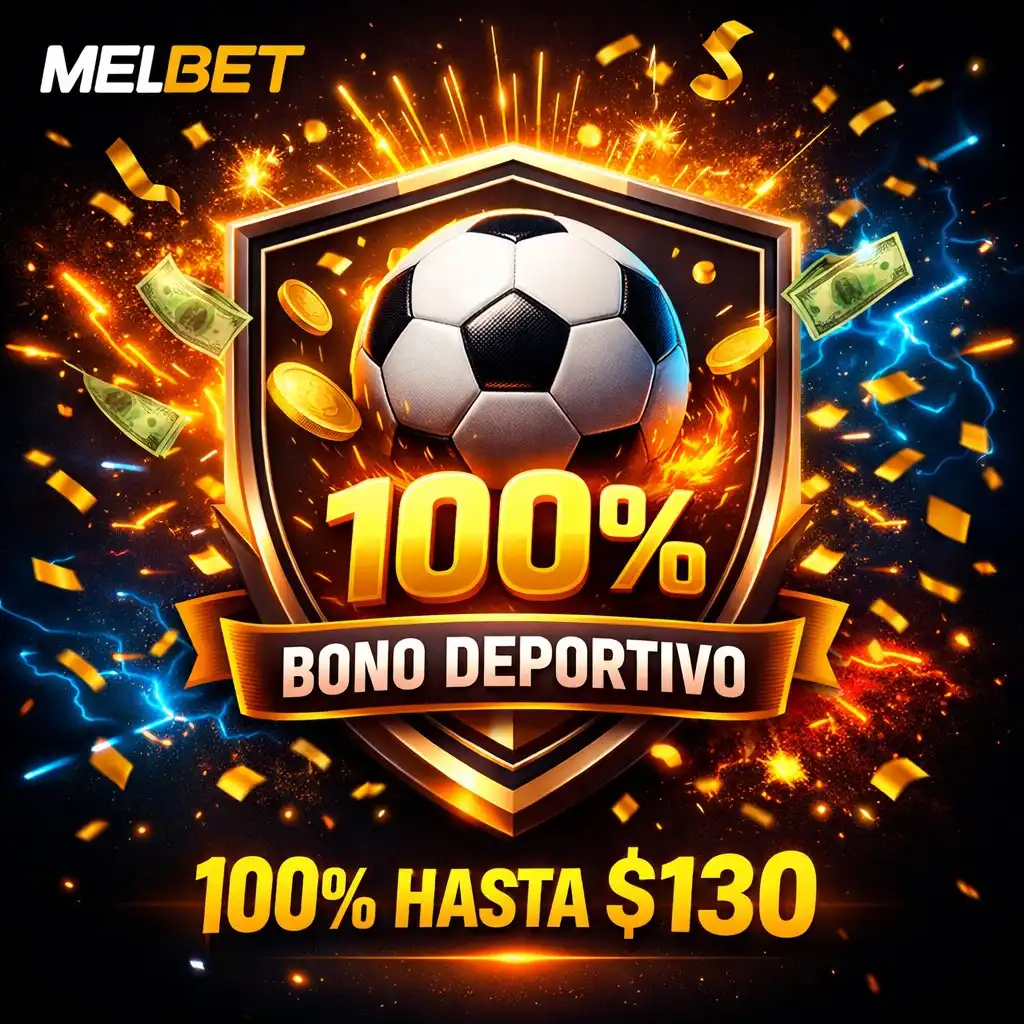 Melbet bono deportivo escudo dorado balon porcentaje fondo negro