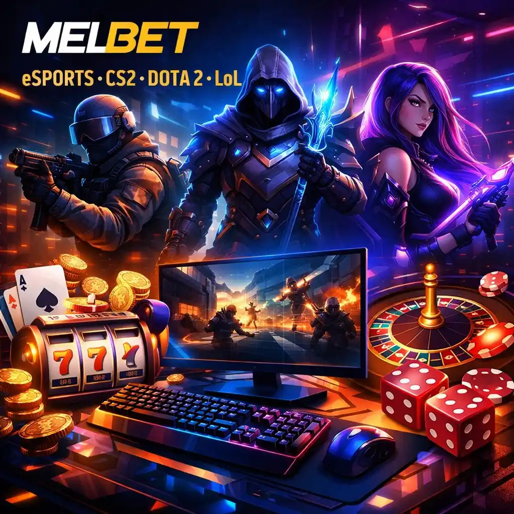 Melbet esports CS2 Dota2 controlador dorado teclado oscuro neon morado