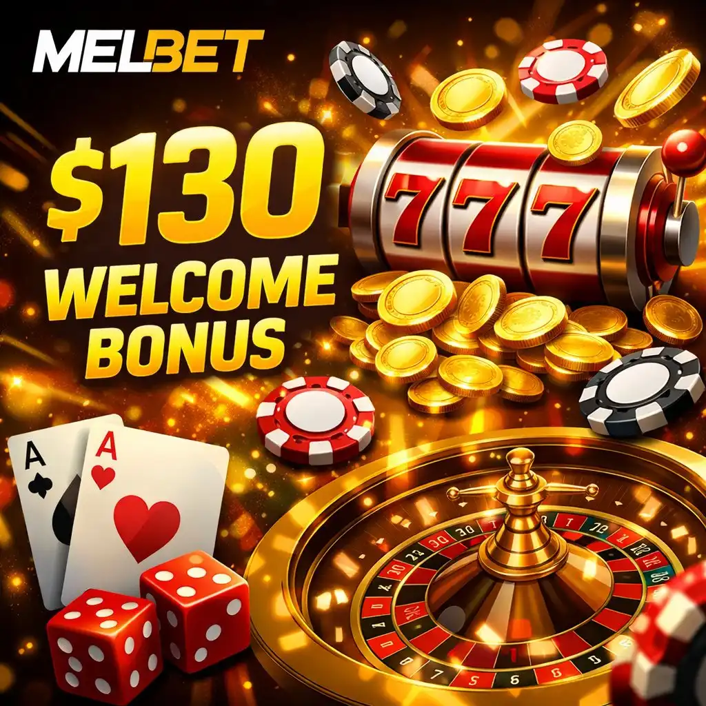 Melbet welcome bonus golden 130 numbers dark background